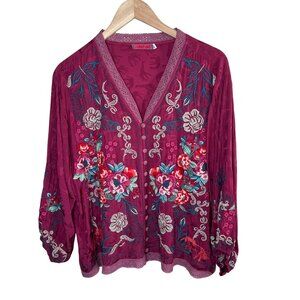 Johnny Was Purple Velouette Floral Embroidered Tunic Blouse Size Large